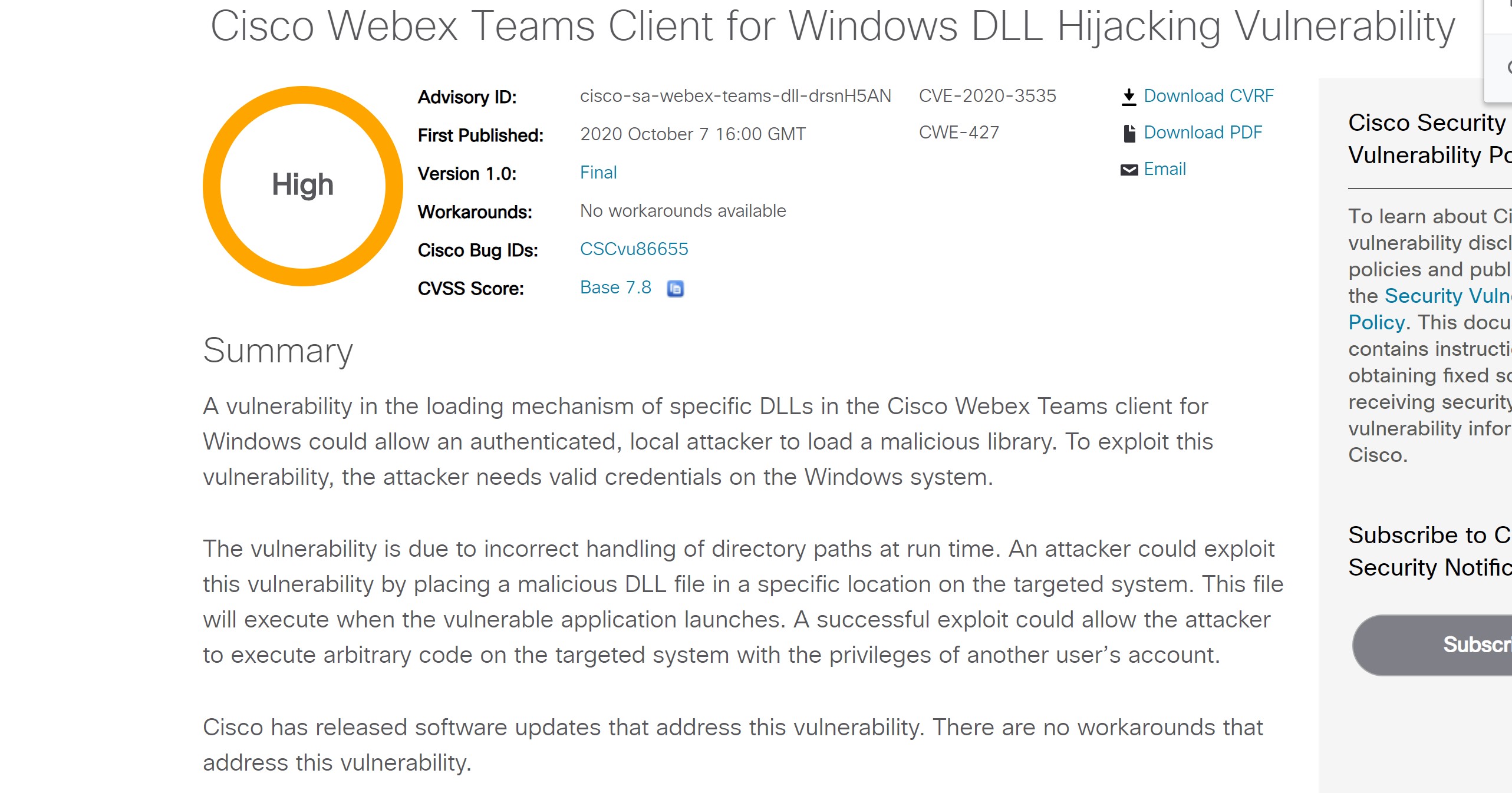 360独家发现cisco webex teams dll劫持漏洞，获cisco官方致谢