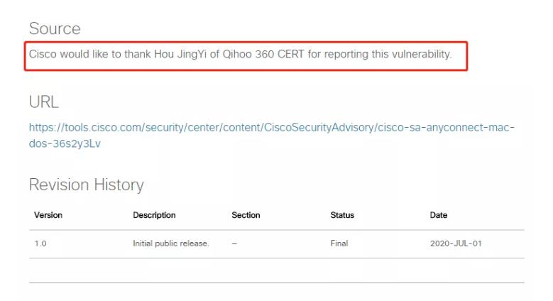 思科发布安全公告，公开致谢360发现cisco anyconnect文件损坏漏洞
